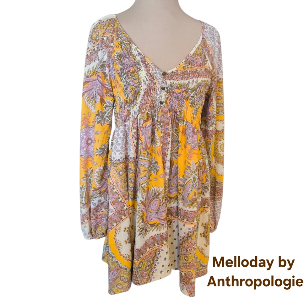 MELLODAY by Anthropologie Boho Paisley Long Sleeve Mini Dress Size Medium